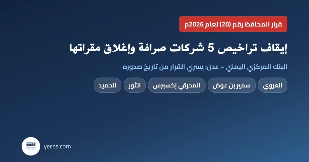 تصميم إخباري عن قرار محافظ البنك المركزي اليمني رقم 20 لعام 2026 بإيقاف تراخيص خمس شركات صرافة وإغلاق مقراتها
